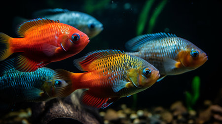 Group of colorful fish swimming in an aquarium. Generative AIの素材