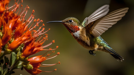 Hummingbird in flight close up near a flower. Generative AIの素材
