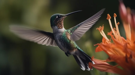 Hummingbird in flight close up near a flower. Generative AIの素材