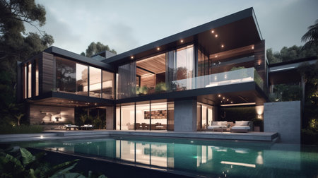 Big luxury, modern house at dusk. Generative AIの素材