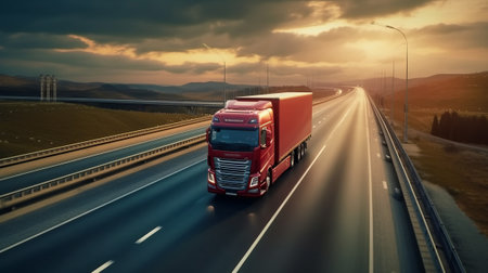 Modern Truck is speeding along the highway. Generative AIの素材