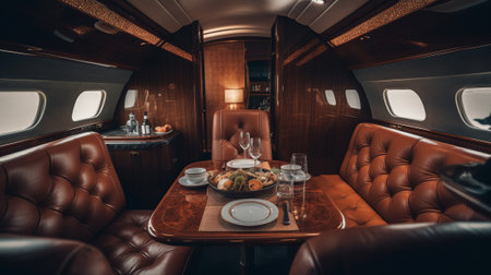Cabin of a private jet or an airplanes business class. Generative AIの素材