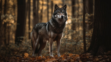 Wolf stands in the forest. Generative AIの素材