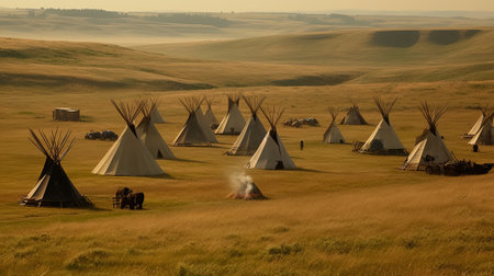 Indigenous encampment on the open prairies. Generative AIの素材