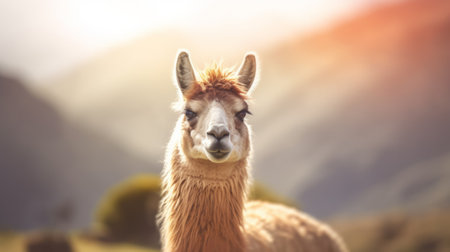 Lama portrait with blurred background. Generative AIの素材