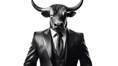 Portrait of a bull dressed in a business suit. Generative AIの素材
