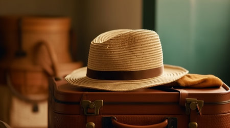 Suitcase and summer wicker hat. Summer background. Generative AIの素材