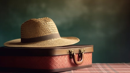 Suitcase and summer wicker hat. Summer background. Generative AIの素材