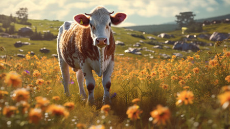 A cow on a field with some flowers. Generative AIの素材