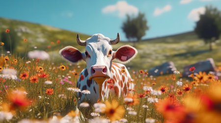 A cow on a field with some flowers. Generative AIの素材