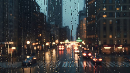 Window with rain drops on it and a city street. Generative AIの素材