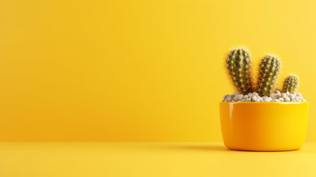 Cactus in a white planter isolated on a bright yellow background. Generative AIの素材