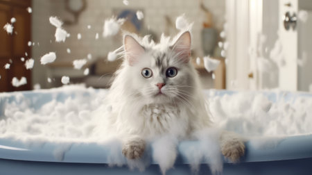 Cat being washed in bath. Generative AIの素材