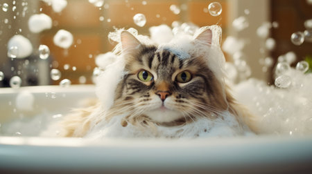 Cat being washed in bath. Generative AIの素材