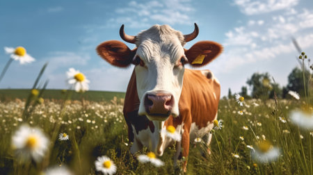 A cow on a field with some flowers. Generative AIの素材