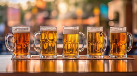 Mugs full of beer on a bar counter. Generative AIの素材
