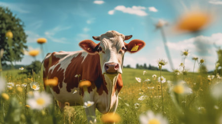 A cow on a field with some flowers. Generative AIの素材