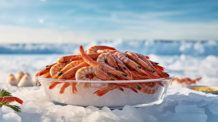 Boiled shrimp on ice in a plate on the table. Generative AIの素材