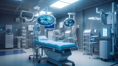 Equipment and medical devices in modern operating room. Generative AIの素材