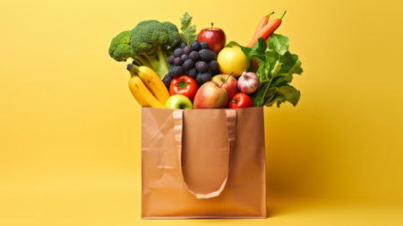 Fresh vegetables and fruits in a paper shopping bag. Generative AIの素材