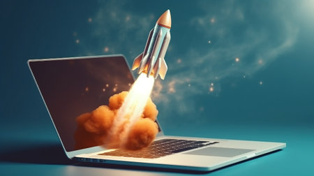Launching Space Rocket From Laptop Screen startup. Generative AIの素材