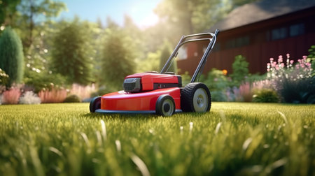 Lawn mover on green grass in modern garden. Generative AIの素材