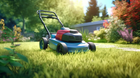 Lawn mover on green grass in modern garden. Generative AIの素材