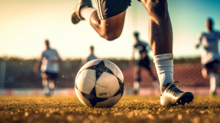 Legs shot of soccer player training in sports field. Generative AIの素材