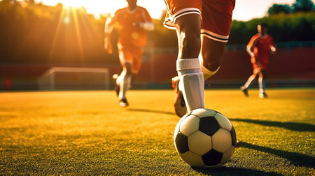 Legs shot of soccer player training in sports field. Generative AIの素材