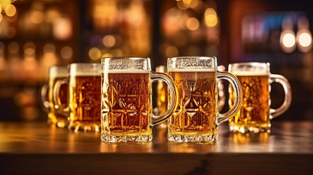 Mugs full of beer on a bar counter. Generative AIの素材