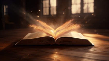 Open book on wooden table with rays of light coming. Generative AIの素材
