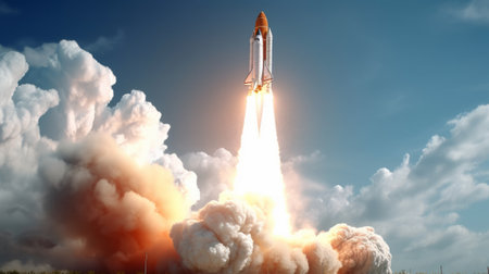 Rocket taking off and flying with copy space. Generative AIの素材