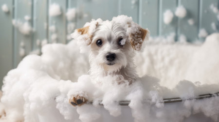 Small dog being washed in bath tube full of foam. Generative AIの素材