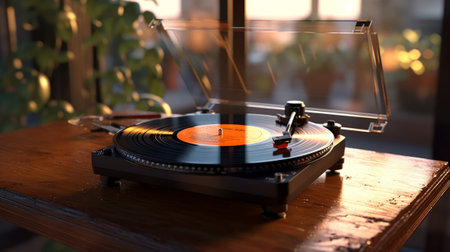 Stylish turntable with vinyl record on table. Generative AIの素材