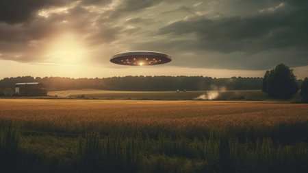 UFO landing on a field. Generative AIの素材