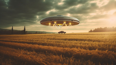 UFO landing on a field. Generative AIの素材