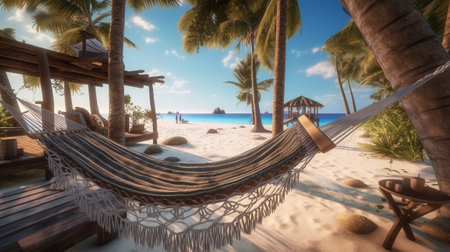 Vacation on the beach with a hammock. Generative AIの素材