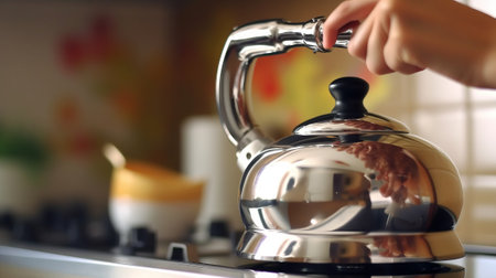 Woman putting kettle on gas stove in kitchen closeup. Generative AIの素材