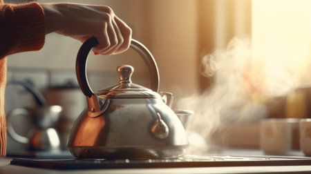 Woman putting kettle on gas stove in kitchen closeup. Generative AIの素材
