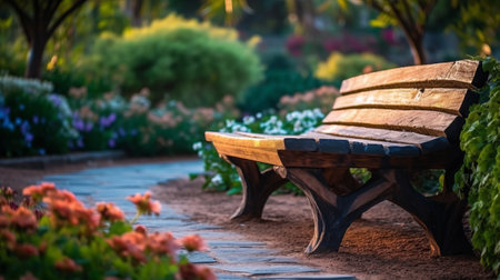 Wooden bench at flower garden park. Generative AIの素材