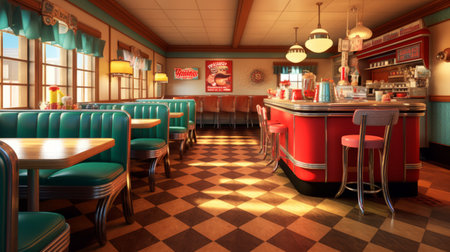 1950s diner with a wooden table. Generative AIの素材