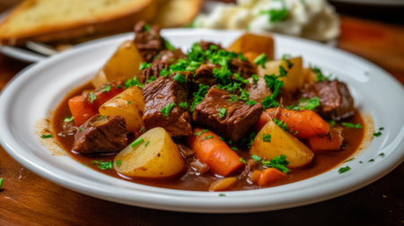 A close-up of a savory and hearty Irish stew. Generative AIの素材
