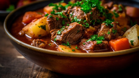 A close-up of a savory and hearty Irish stew. Generative AIの素材