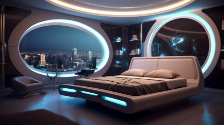 High tech futuristic bedroom with sleek furniture. Generative AIの素材