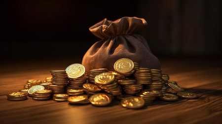 Lot of gold coins in a bag on a wooden table. Generative AIの素材