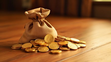 Lot of gold coins in a bag on a wooden table. Generative AIの素材