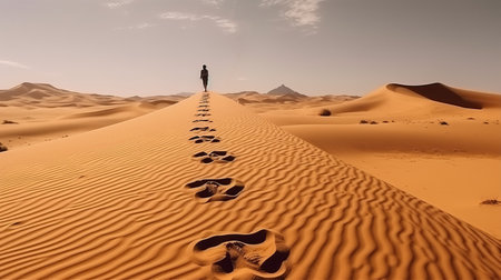 Person walking on desert sand with footprint. Generative AIの素材