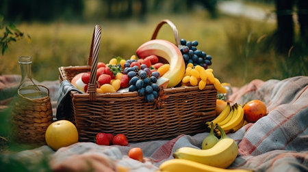 A picnic basket filled with fresh fruits. Generative AIの素材
