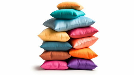 A stack of colorful pillows isolated on white background. Generative AIの素材