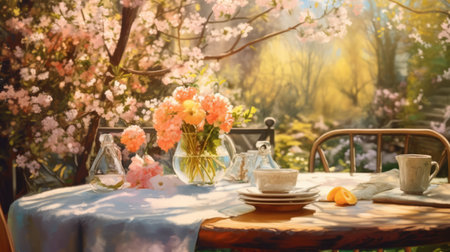 Close-up table in a spring setting. Generative AIの素材